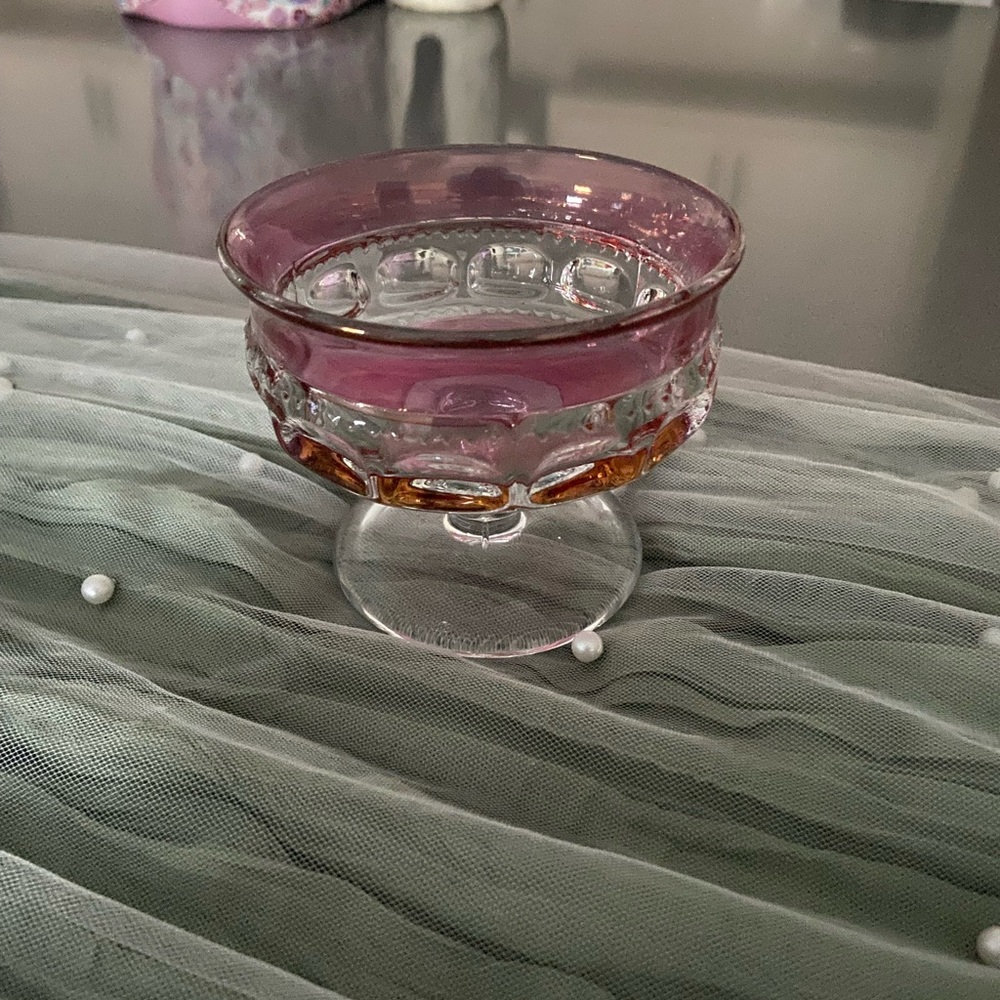 Vintage-Style Thumbprint Pink & Amber Glass Compote
